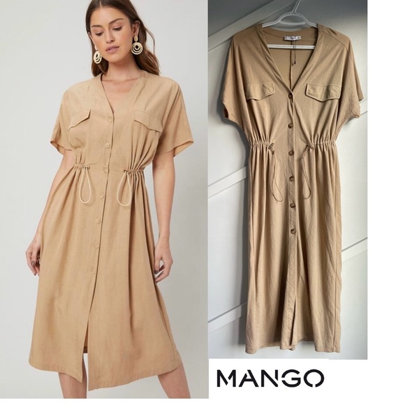 Mango Utility Drawstring Khaki Beige Mocha Brown Midi Linen Dress size S - Picture 1 of 11
